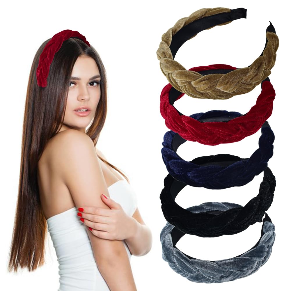 5pcs Diademas Mujer Anchas de Pelo, Diadema Tejido Terciopelo, Turbante Banda, Diadema de Trenzada Pelo Natural, Diademas de Pelo Niña, Diadema de Maquillaje Spa para Mujer Chica