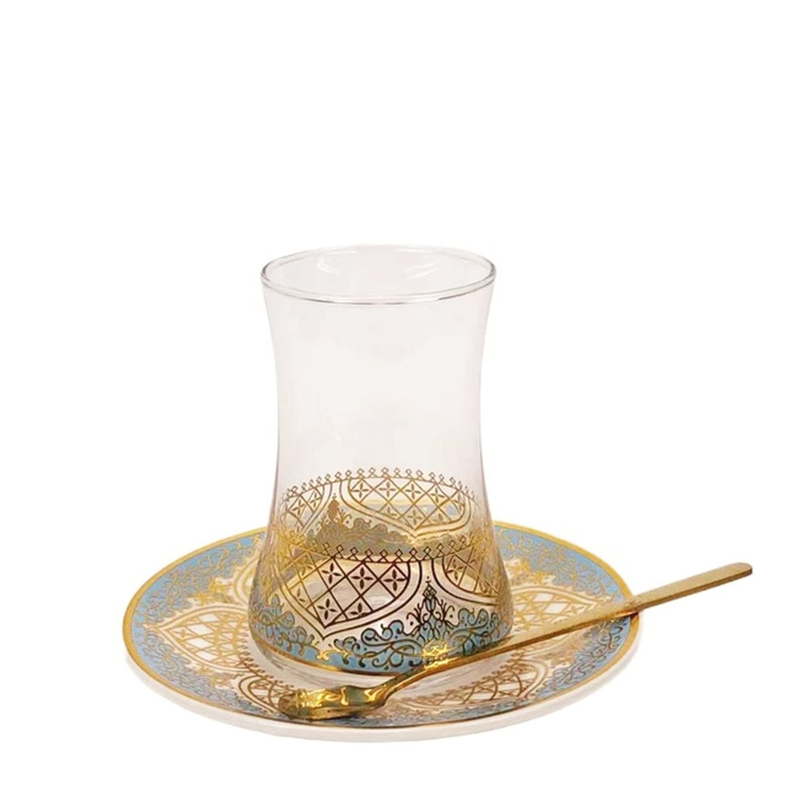 UWLFFLWZ Glas Türkische Tee Gläser Cups Set Saucer mit Löffel Kaffeetasse Romantische exotische Teetasse Blaue Gold Küche Dekoration Trinken Teekanne Glas Küche, Haushalt & Wohnen