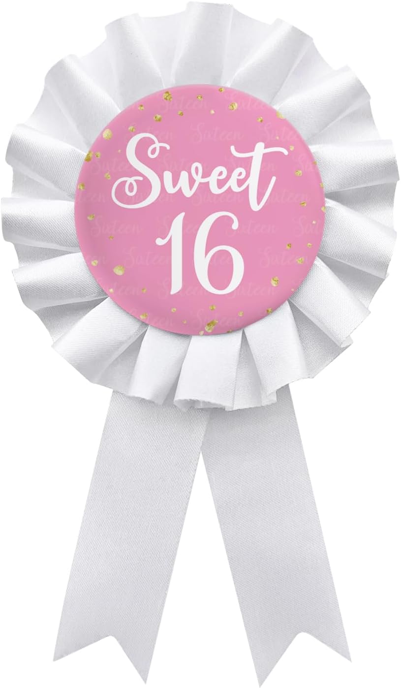 WIDEIDEAL Sweet 16 Party Badge, Happy 16th Birthday Girls White Corsage Award Ribbon Party Gift Decorations Supplies Sign - Pink Pattern