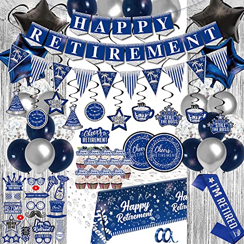 Happy Retirement Party Decorations Blue - (89Pack) Blue Party Banner, Pennant, Hanging Swirl, Foil Backdrops, Balloons, Tablecloths, Cupcake Topper,Plates, Photo Props, Retired Sash #TOP6