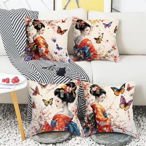 Kissenbezug Outdoor Wasserdicht Sofakissen Geisha Schmetterling Quadratisch Weich Dekokissen Sommer Kissenhülle Mit unsichtbarem Reißverschluss für Sofa Wohnzimmer Balkon Garten Kissen 40 x 40 cm R140 – Bild 4