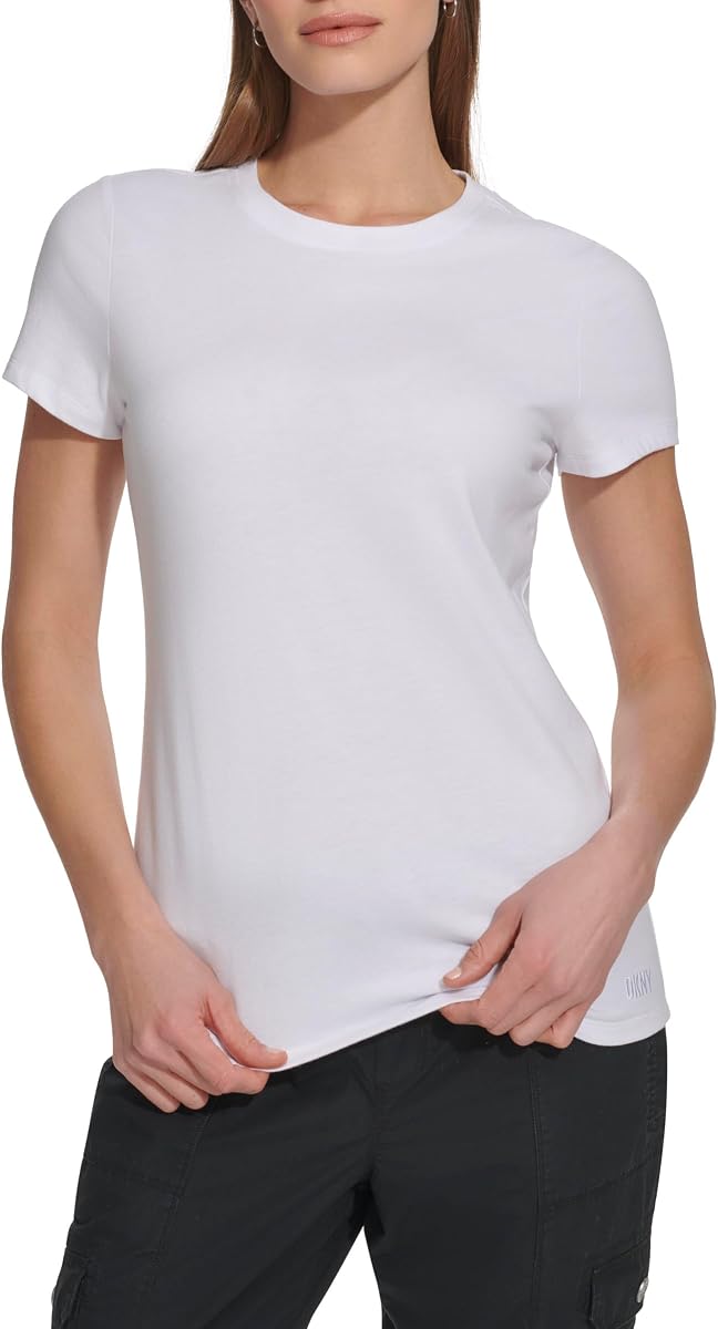 DKNY Camiseta de cuello redondo para mujer con logotipo bordado tonal