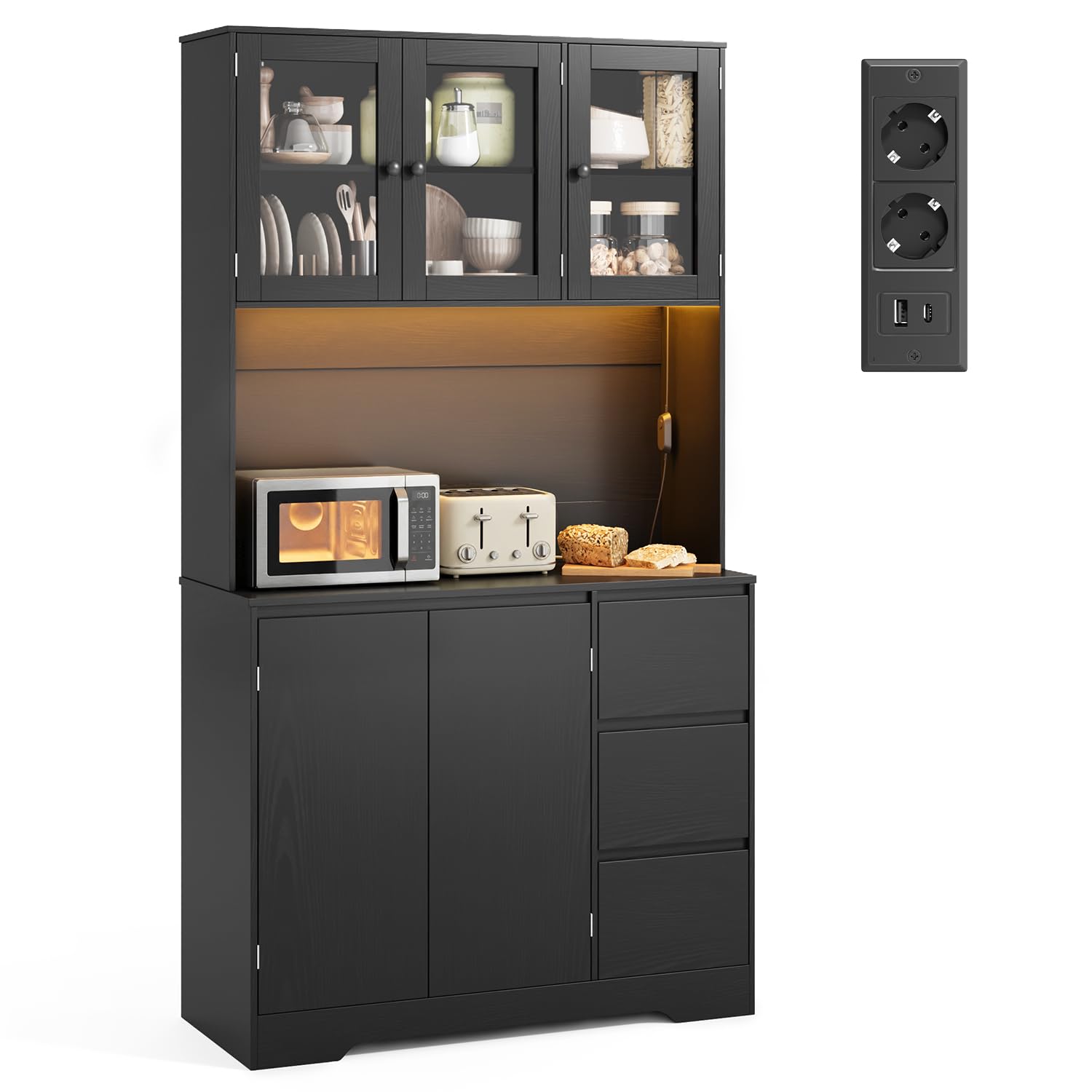 Xbro Armoire Cuisine, Buffet Haute avec Éclairage LED et Prise, Buffet avec 5 Portes, 3 Tiroirs et Portes en Verre,Meuble de Rangement avec Dispositif Anti-Basculement, 100 x 40 x 180 cm, Noir