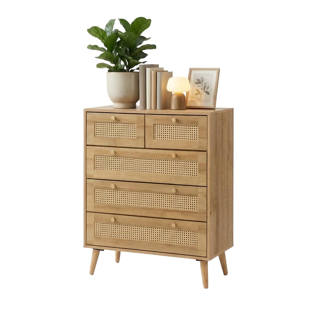 5 Drawer Chest of Drawers Bedroom Furniture - Oak and Rattan Storage Drawers - Living Room Side table Sideboard, Tallboy Console Table - Rustic Heavy Duty Clothes Storage with Wall Fixing