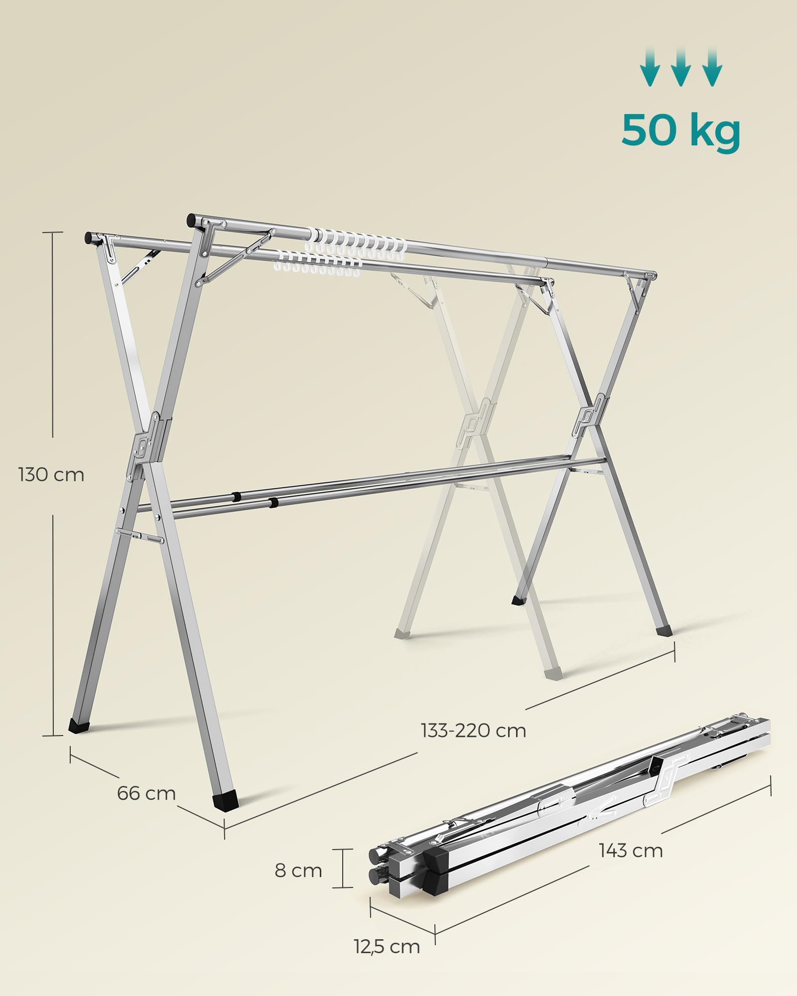SONGMICS Wäscheständer, Standtrockner, 133-200 cm ausziehbar, zusammenklappbar, freistehend, für Innen- und Außenbereich, Taubengrau LLR902E01