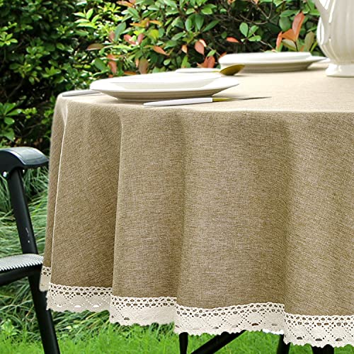 Youngseahome Faux Linen Tablecloth With Lace Trim - Waterproof/Spill Proof/Stain Resistant/Wrinkle Free/Oil Proof - For Banquet, Parties,Dinner,Kitchen,Wedding,Holiday,Flax,Round 60Inch #TOP27