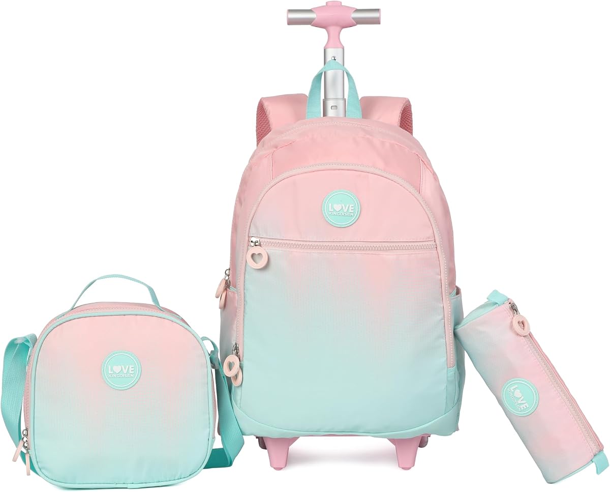 Wheels Kids Backpacks for Large Girls Rolling School Backpack with lunch box(DROPS BLUE)