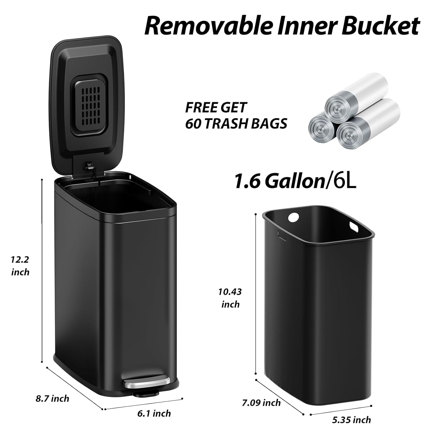 1.6 Gallon Step Pedal Small Trash Can with Lid, Soft Close, Black Stainless Steel Garbage Can, Removable Inner Bucket, Includes 60 Trash Bags, Slim Narrow Space Saving for Bathroom, Bedroom