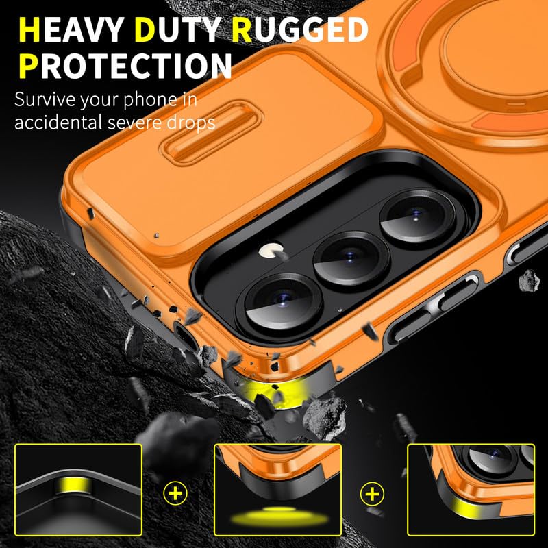 Image of LuxuryKase Shockproof Rugged Case for Samsung Galaxy S26 | Slide Camera Cover | 360 Rotating Ring Kickstand | Military-Grade Protection - Sunset Orange