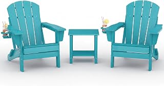 Garvee HDPE Folding Adirondack Chair Set of 2 with Side Table, Lake Blue | All Weather Resistant Outdoor Chair with Wood Texture& Cup Holder for Patio, Deck, Garden, Fir Pit