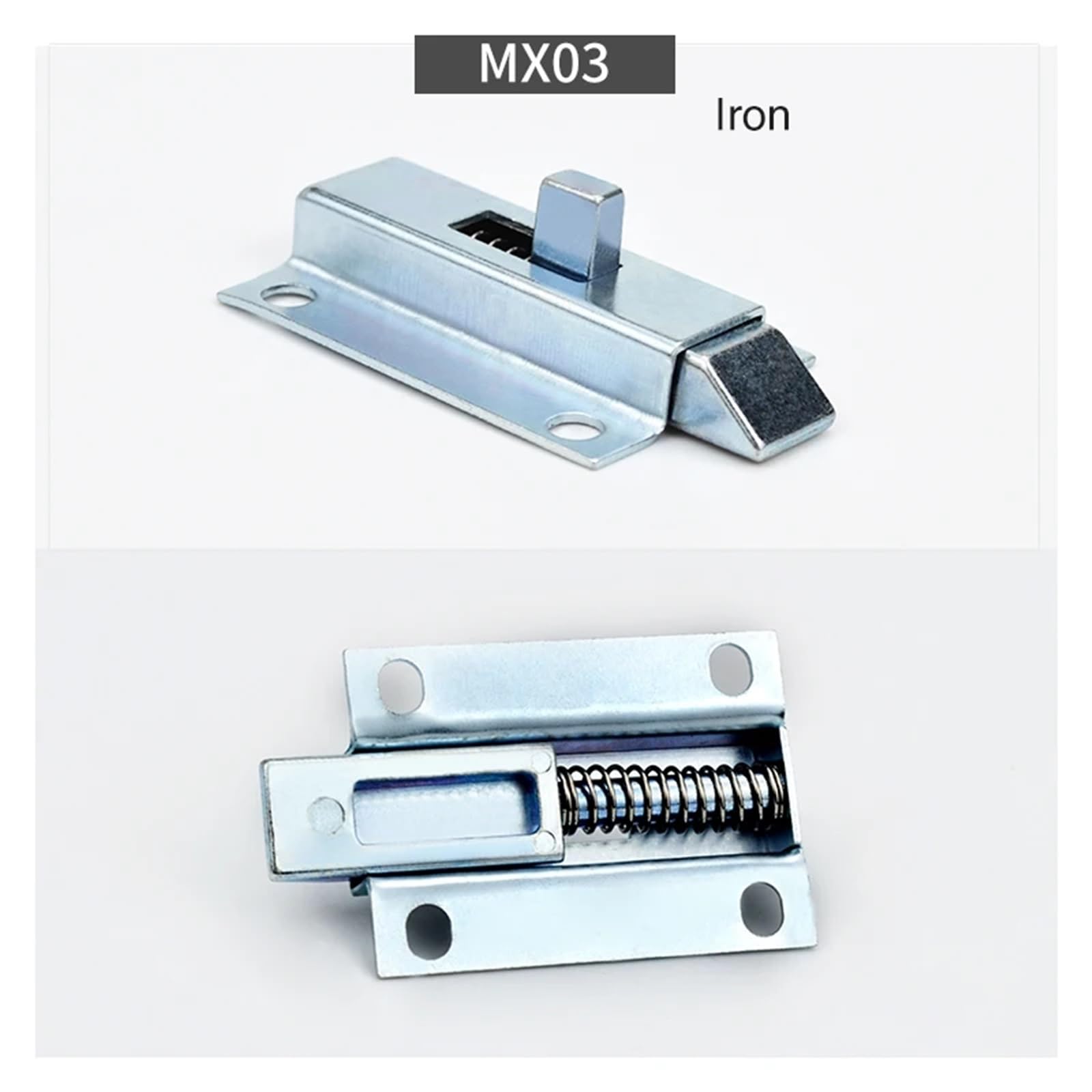 Pestillo automático de apertura con resorte, pasador de puerta MX03, pestillo de aleación de zinc azul y blanco galvanizado, pestillo industrial for puerta (1 unidad)(Iron forward)