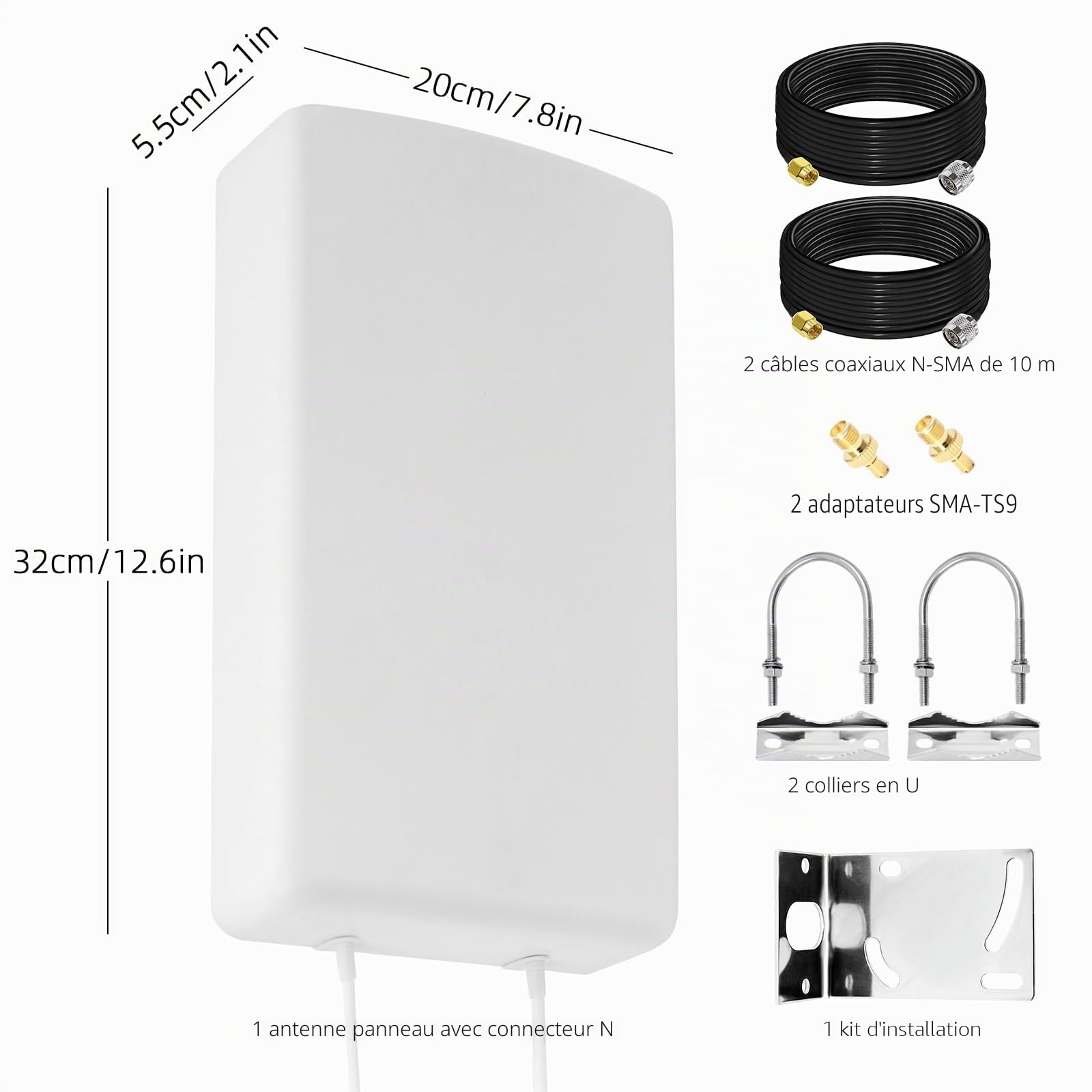 Antenne 4G 5G LTE Mimo Extérieur Directionnelle Gain Élevé 18dBi | 698-2700 MHz | 3300-4000 MHz, Compatible Routeurs 4g 5g, Connecteur N-SMA Adaptateur TS9, Câble 2x10 Mètres