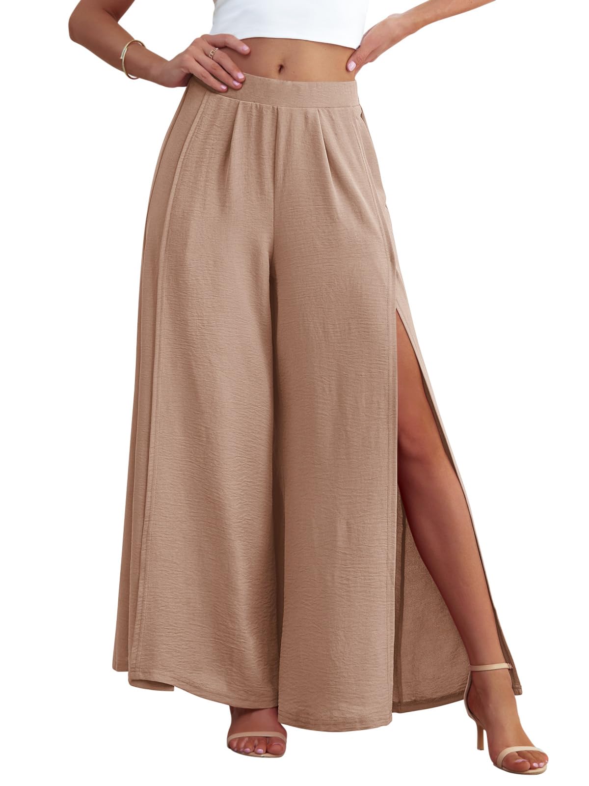 POKWAI Split Wide Leg Pants for Women Beach Vacation High Waist Lightweight Flowy Casual Summer Pants