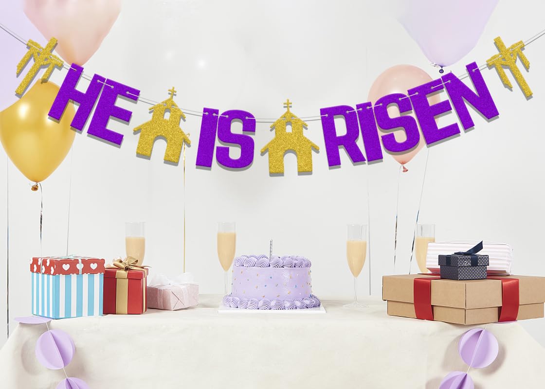 "He Is Risen" Easter Banner – Religious Resurrection Party Decor In Purple & Silver (DIY Hanging Banner)