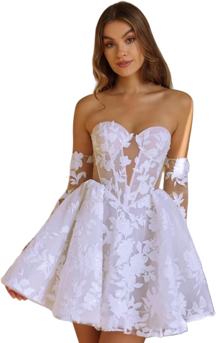 Short Wedding Dresses for Bride Floral Lace Corset Mini Engagement Bridal Shower Dress