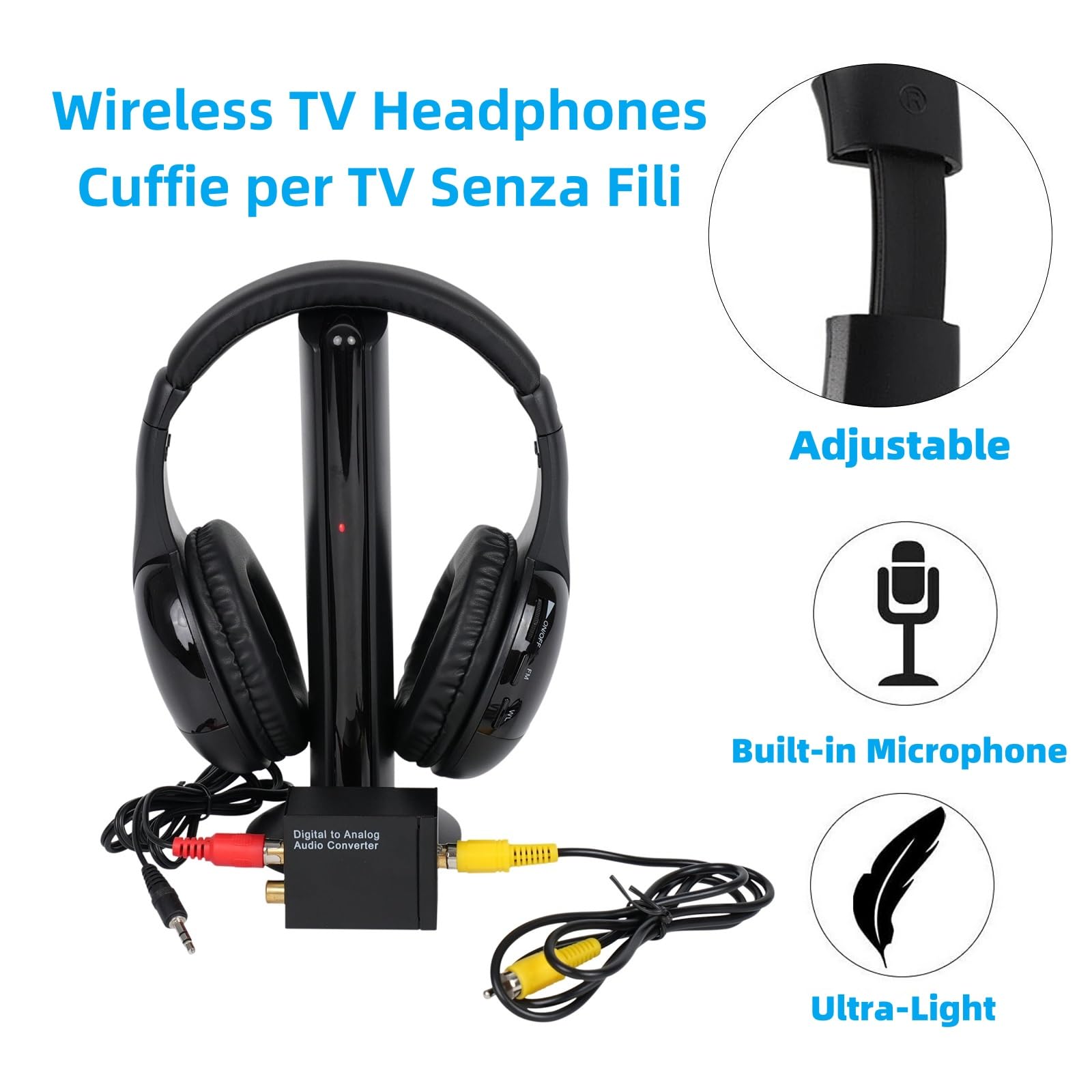 Casque TV sans Fil, Casque sans Fil avec Base éMettrice, Casque TV sans Fil avec Fonction Radio FM pour Personnes âGéEs, Prise en Charge des Ports De Sortie Audio RCA, Aux, Optique et Coaxial