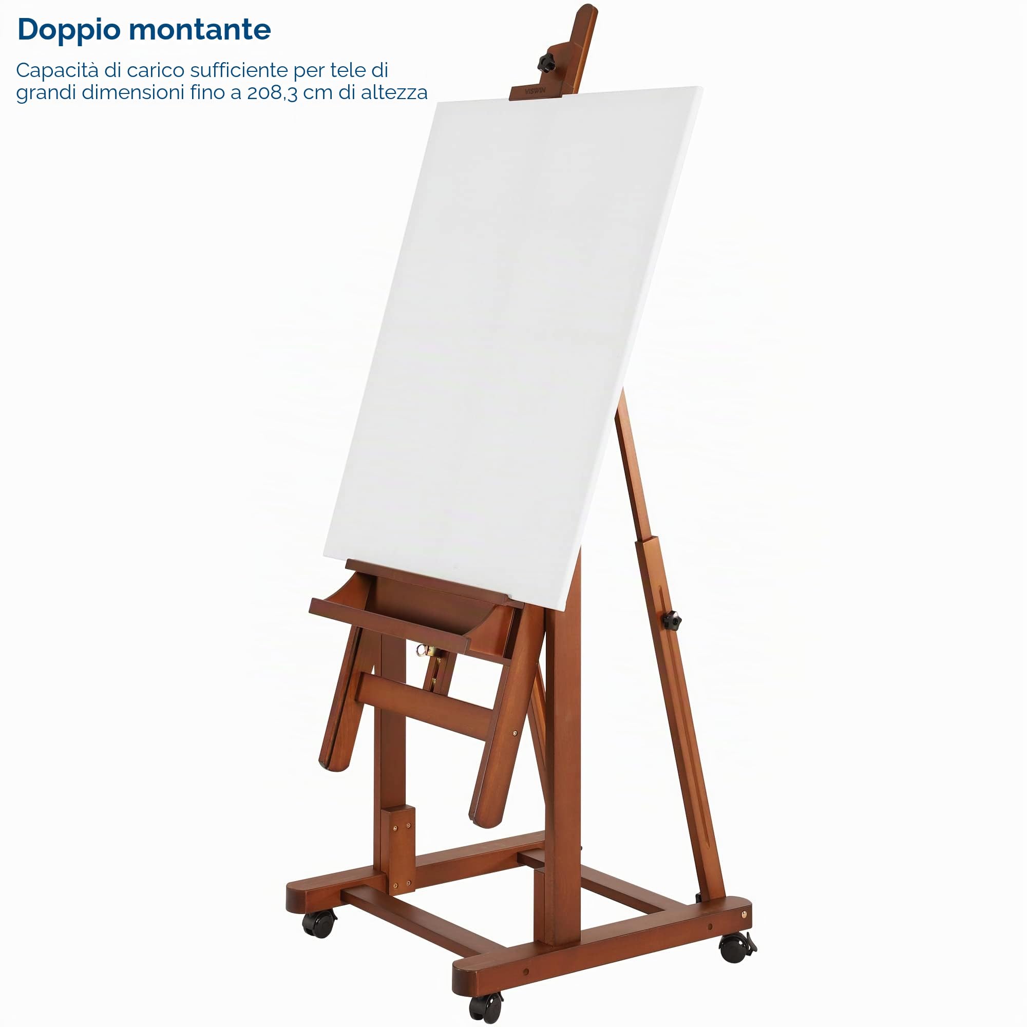 VISWIN Cavalletto con telaio ad H resistente, può contenere la tela fino a 208,3 cm, inclinabile, regolabile, in legno di faggio, grande cavalletto per pittura con contenitore e 4 ruote, cavalletto