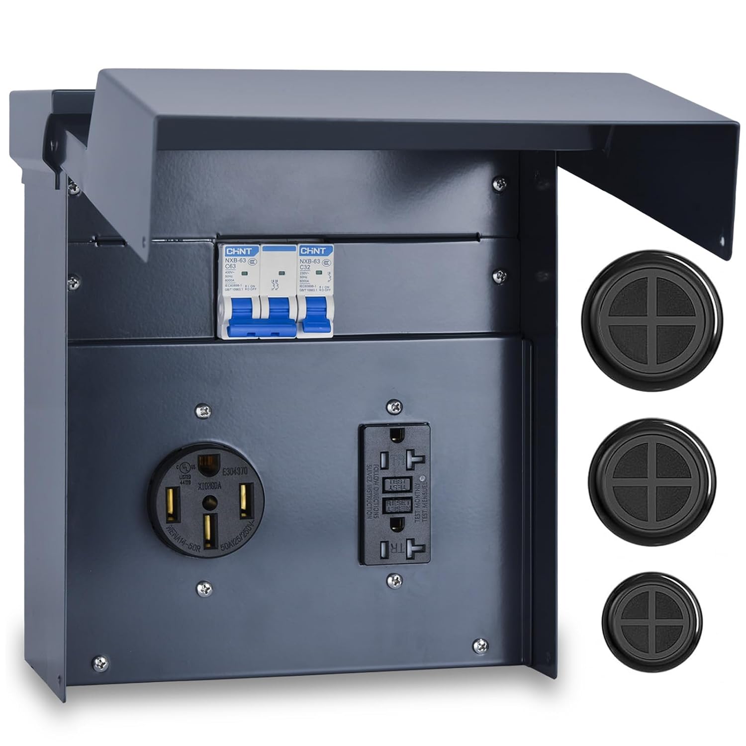 RV Electrical Panel with Breaker, Temporary Power Outlet Box, UL 50 20 Amp Receptacles, Outdoor Weatherproof Metal Enclosure, Easy Setup for Campers, Travel Trailers, Mobile Homes (Blue)