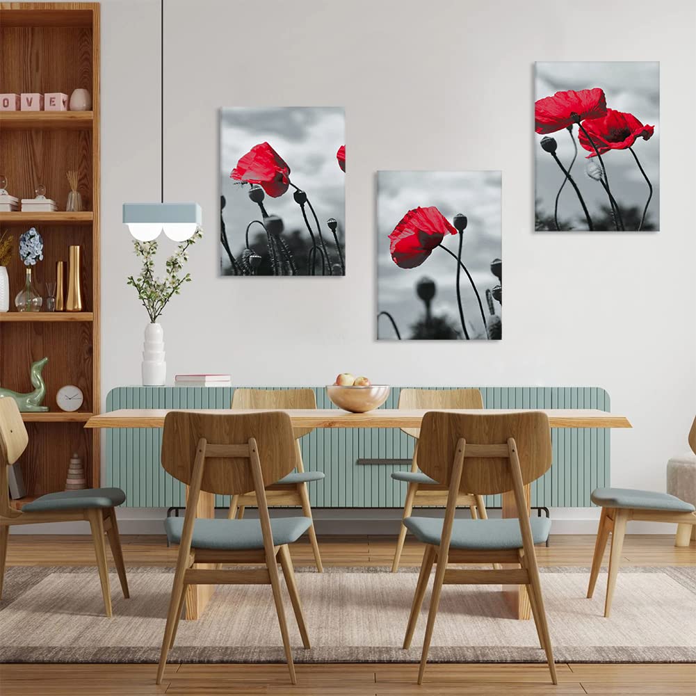 Artscope 3 Pieces Wall Art Canvas Prints, Red Flowers Picture Painting - Image 3