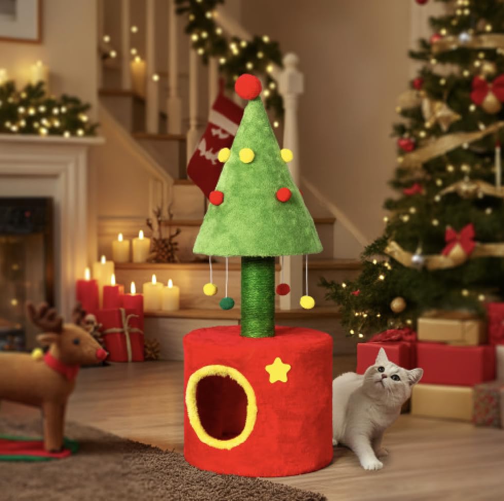 Árbol de gato navideño con casa y poste rascador 30in miniatura 1