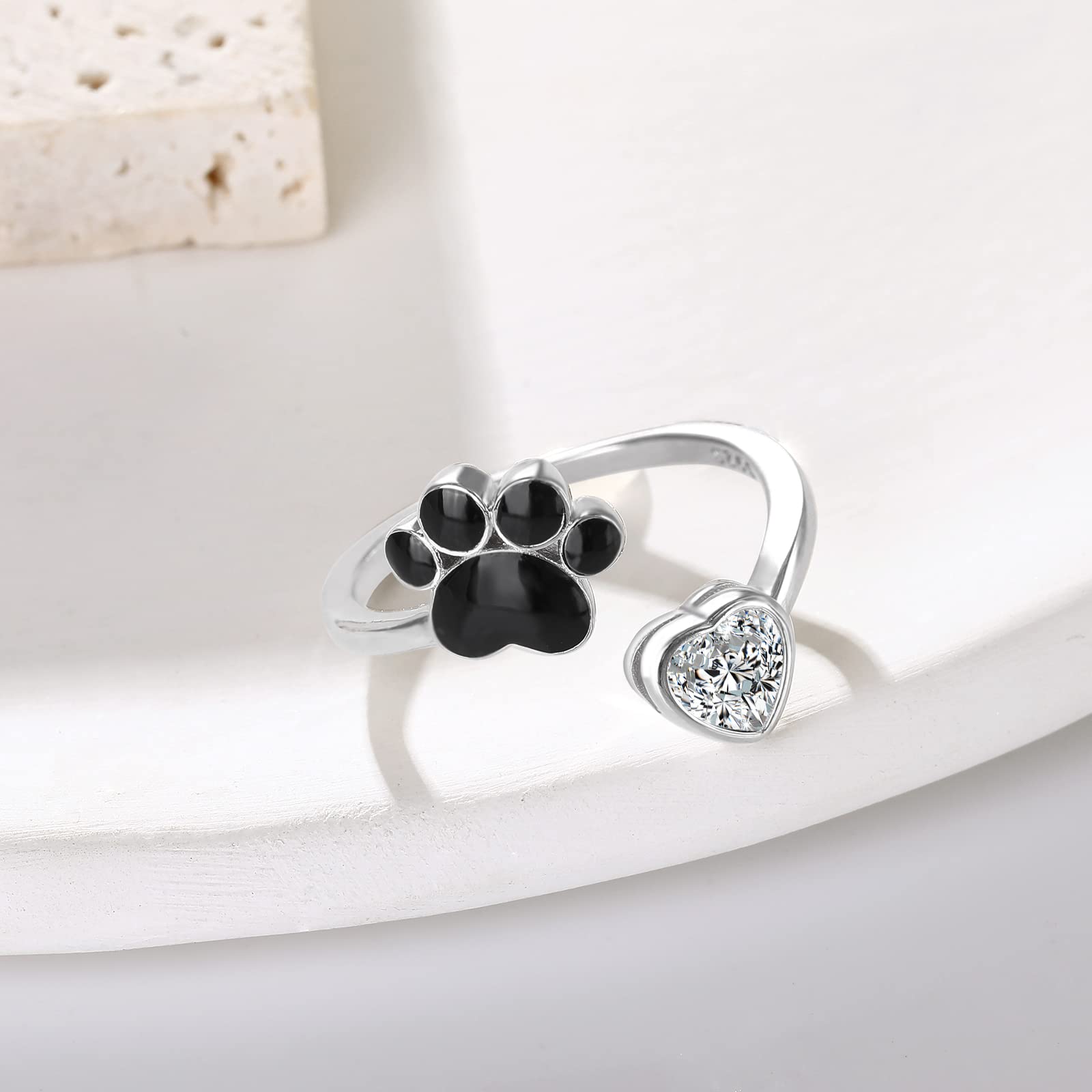 Qings Anillos de Huella de Perro y Gato Mujer Anillo Ajustable de Huellas de Mascota Plata de Ley 925 Anillas Corazón con Zirconia Cúbica CZ, Anilla Animal Apertura, JoyerÍA Regalo para Niñas