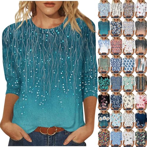 PBNBP Tee shirts womens Ladies Crewneck Beach Clothes Vintage Comfy Spring Blouses Printed Floral Loose Fit 3/4 Sleeve Tops Summer shirts for women