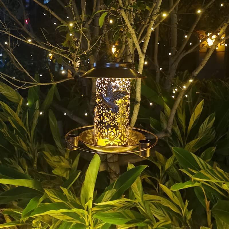 Miniatura 7 de Comedero solar para pájaros para colgar al aire libre, comedero de colibríes, metal solar impermeable para exteriores, comederos cardenales, luz