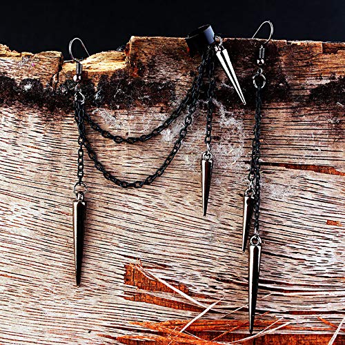 Damleng Lightweight Unique Black Punk Long Tassel Chain Ear Cuff Earrings 316L Stainless Steel Vintage Barrel Nails Crawler Climer Dangle Drop Earrings For Men Women Unisex (Black) #TOP2