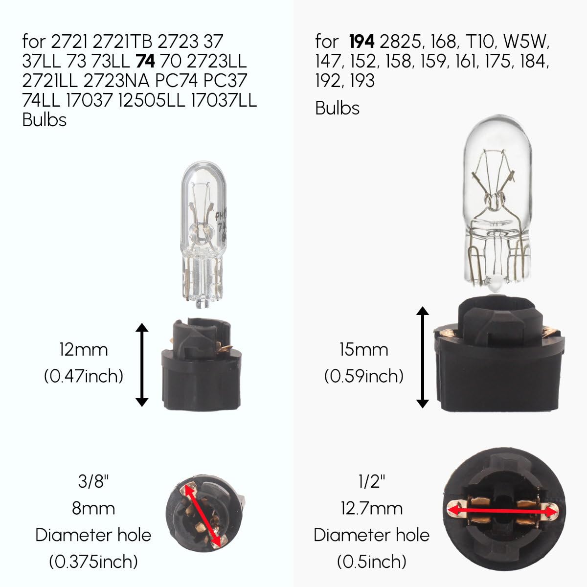74 T5 and 194 T10 LED Bulbs Twist Lock Socket Wedge Base for Car Dashboard Instrument Panel Gauge Cluster Bulb Replacement