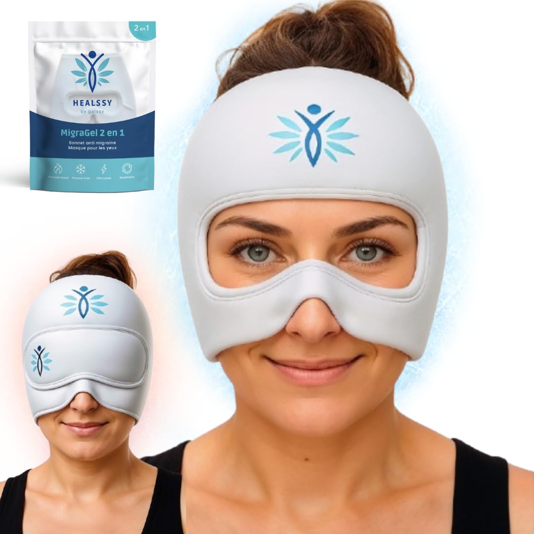Masque Anti-Migraine Chaud/Froid Thérapeutique Premium 2-en-1 — MigraGel, Bonnet + Masque Détachable (Ouverture Yeux) • Soulage Migraines, Maux de Tête & Fatigue Oculaire