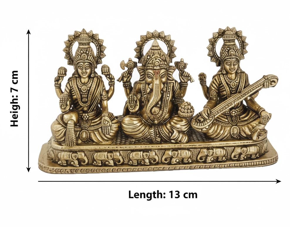 Estatua tradicional de Lakshmi Ganesh Saraswati en latón con acabado antiguo miniatura 2
