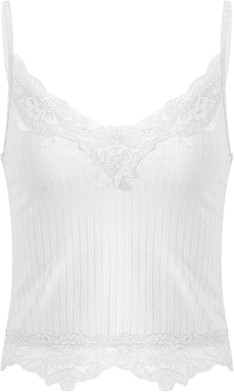 Women Lace Patchwork Y2k Crop Top Sleeveless V Neck Cropped Camisole Ribbed Knitted Tank Top Streetwear