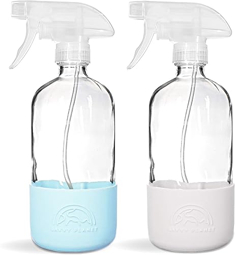 SAVVY PLANET Botellas vacías de vidrio transparente con protección de funda de silicona, recipientes recargables de 16 onzas para soluciones de