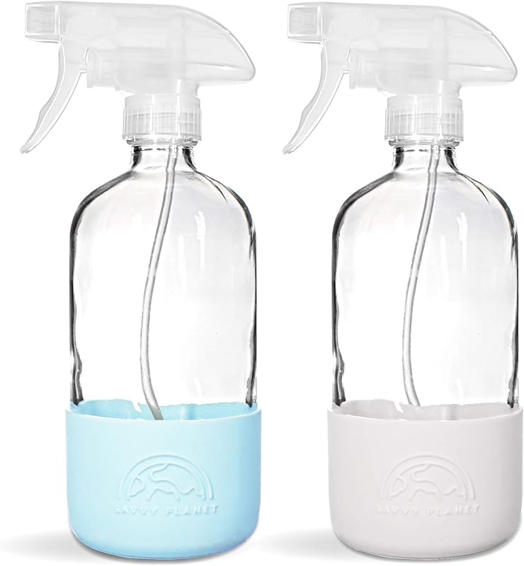 SAVVY PLANET Frascos de Spray de Vidro com Base de Silicone, Bico Ajustável e Escova de Limpeza – Pacote com 2