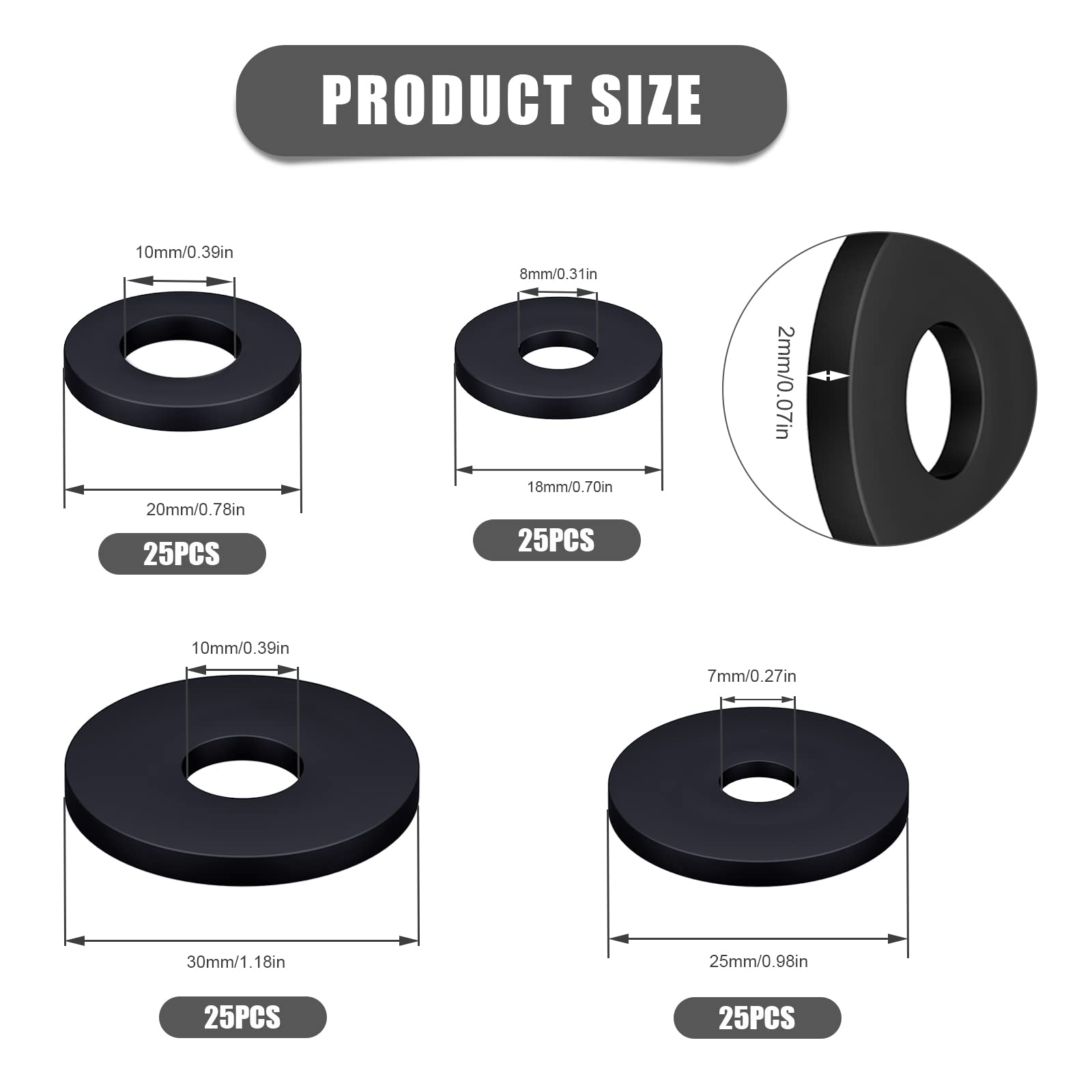 80 Pezzi Rondelle In Gomma Piatta Nera - 18/20/25/30 Mm Per Rubinetti, Elettrodomestici, Antivibranti - Set Con 4 Misure Diverse - Foto 5