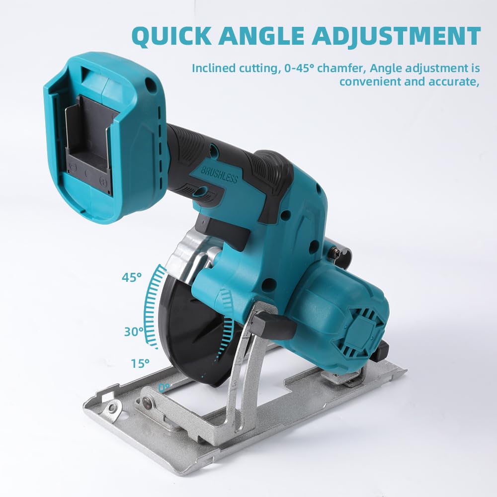 Brushless - Sierra circular de mano inalámbrica de 125 mm, sierra circular inalámbrica de 18 V, ángulo de corte ajustable, corte oblicuo de 0-45°, mini sierra circular de mano para madera, PVC, MDF