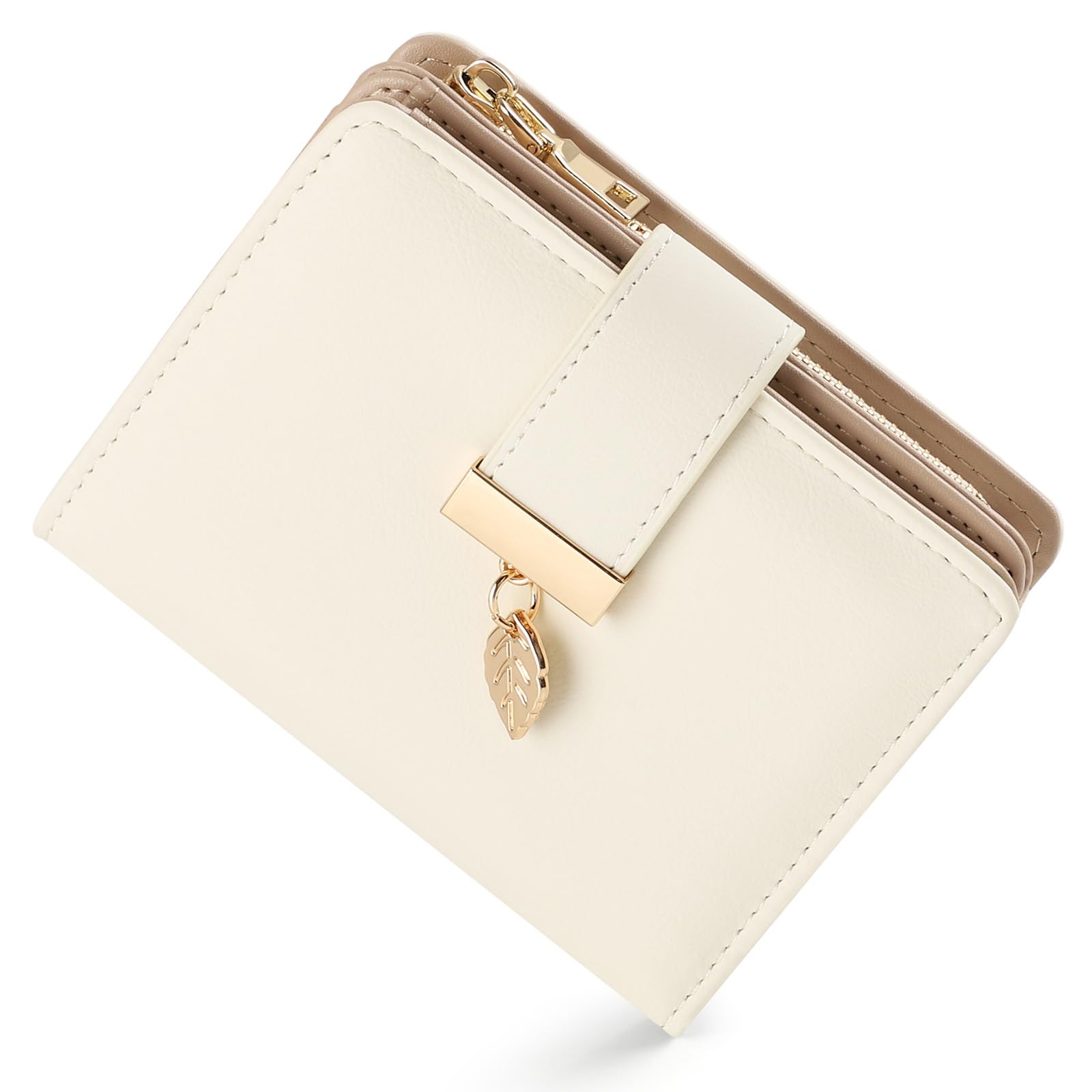 Porte Monnaie Femme,Portefeuille Femme Cuir Blocage RFID Petit Portefeuilles et Porte-Cartes avec Fermeture éclair Poche à Monnaie et Fenêtre ID Pendentif Feuille,Blanc