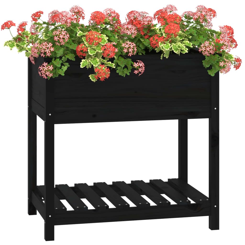 Jardinera con estante negro, 82,5 x 54 x 81 cm, madera maciza de pino para balcón y patio, jardinera elevada ergonómica con amplio espacio para plantas, huerto y hierbas aromáticas,