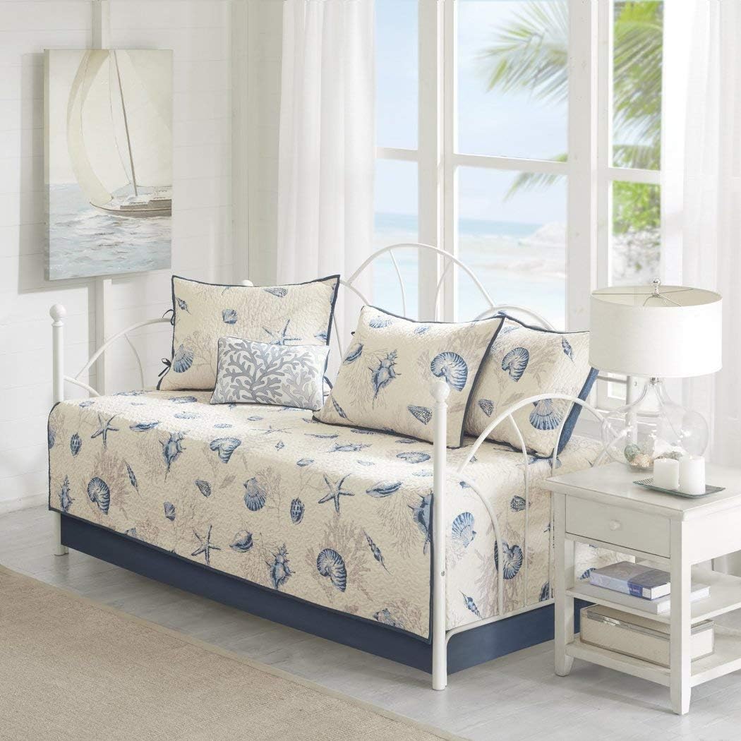 6 Piece Grey Blue Beach Theme Daybed Set Bedding, Nautical Coastal Tropical Ocean Sea Shells Starfish Coral Reefs Pattern Day Bed Bedskirt Pillows, Polyester