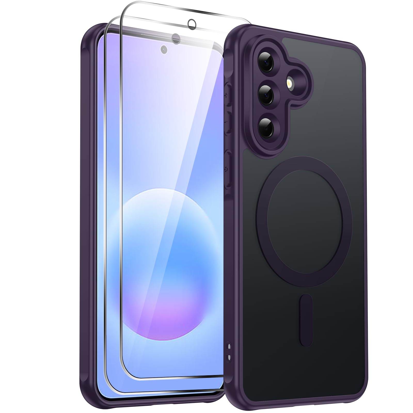 LeYi Cover Magnetica per Samsung A57 5G con 2 Pezzi Vetro Temperato, Custodia per Galaxy A 57 Traslucida Opaca Anti-Impronte Resistente ai Graffi Paraurti in TPU Antiurto Protettiva Case, Viola