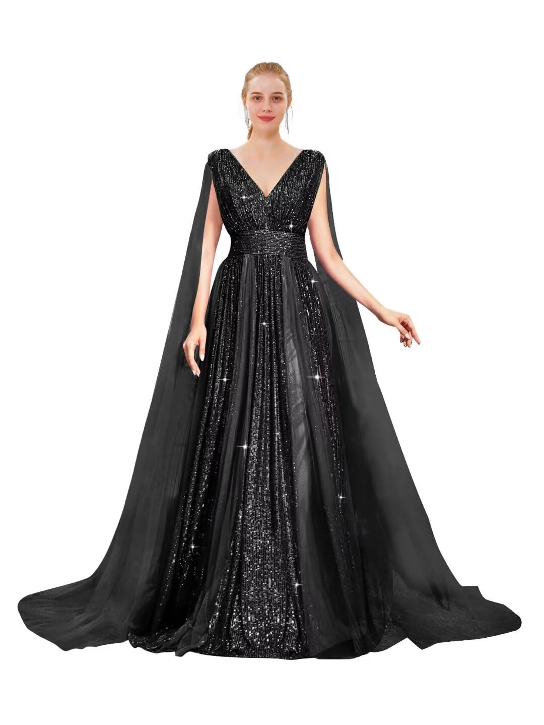 homdorSequin Prom Dresses with Cape Ball Gowns Tulle V Neck Formal Evening Dresses Sparkly Wedding Party Dress