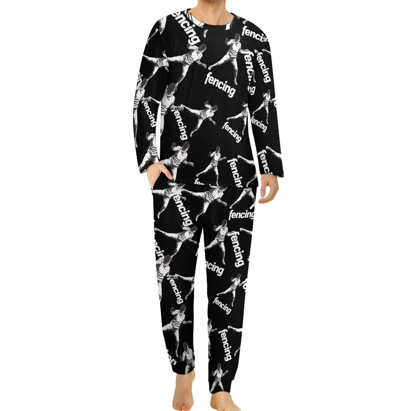 Fencing - Conjunto de pijama para hombre, cuello redondo, 2 piezas, manga larga, suave, transpirable, para todas las estaciones