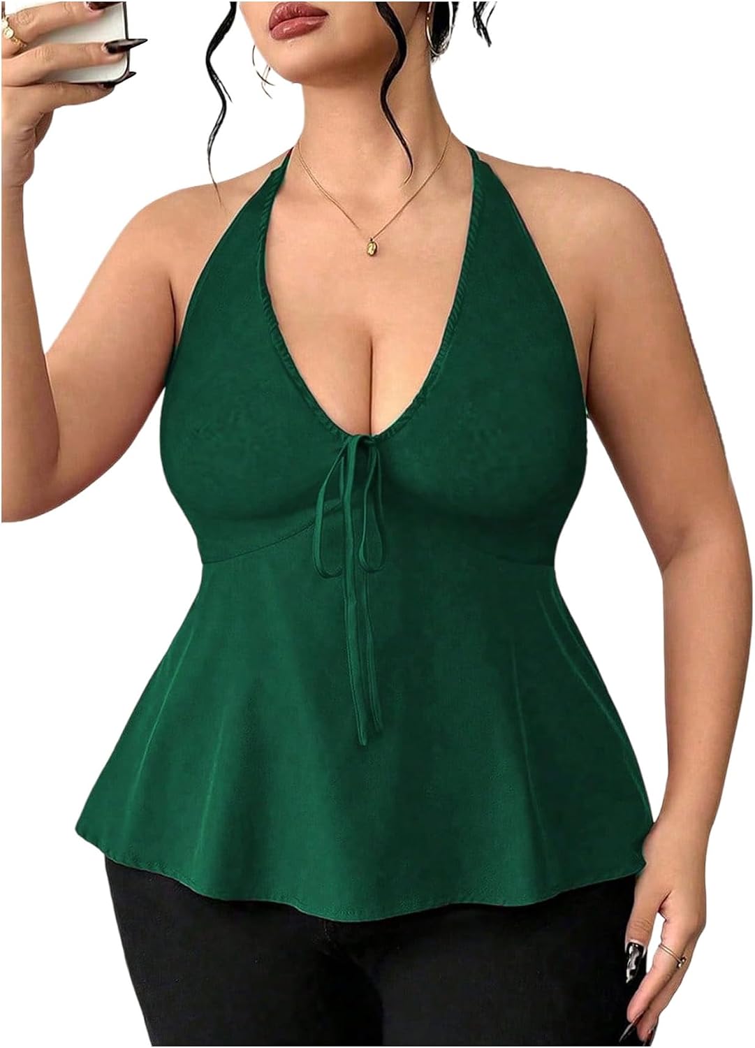 SOLY HUX Women's Plus Size Peplum Halter Top Tie Front V Neck Sleeveless Backless Ruffle Going Out Tops