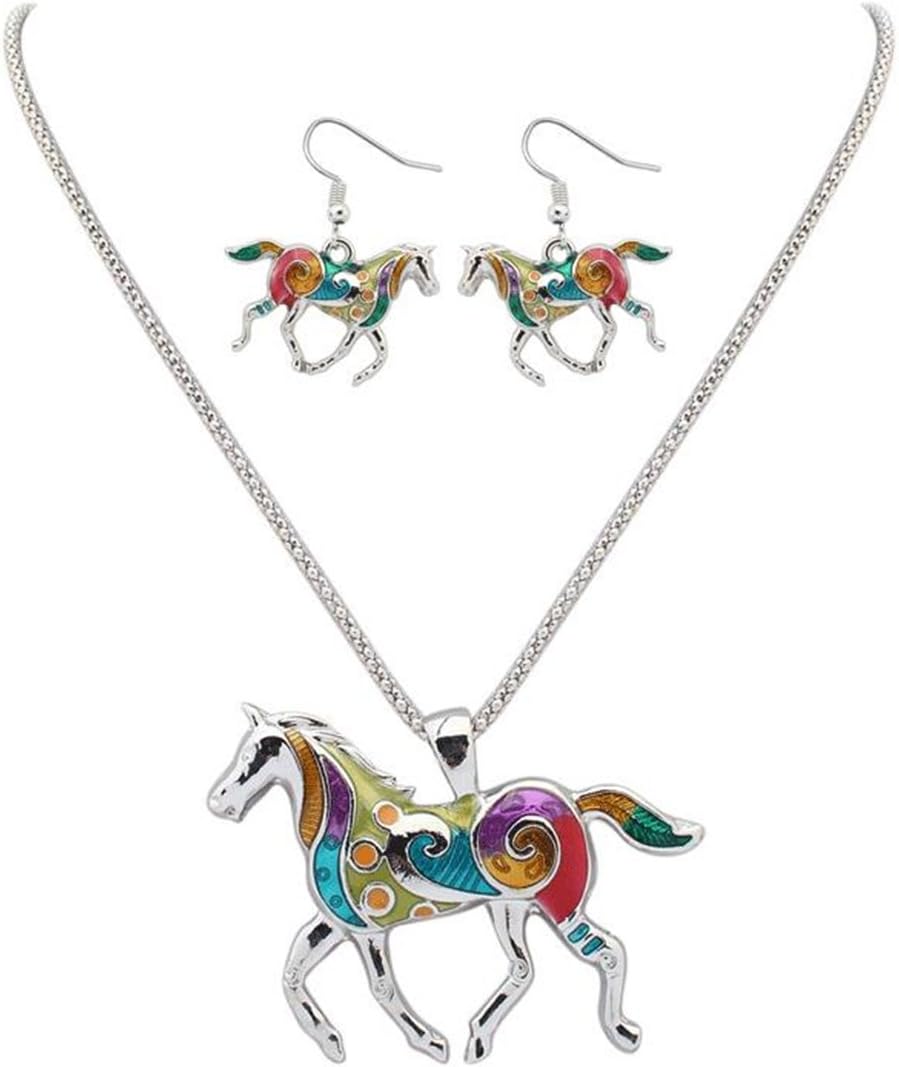 Necklace Earring Set Elegant Enamel Festoon Silver Horse Chain Necklace