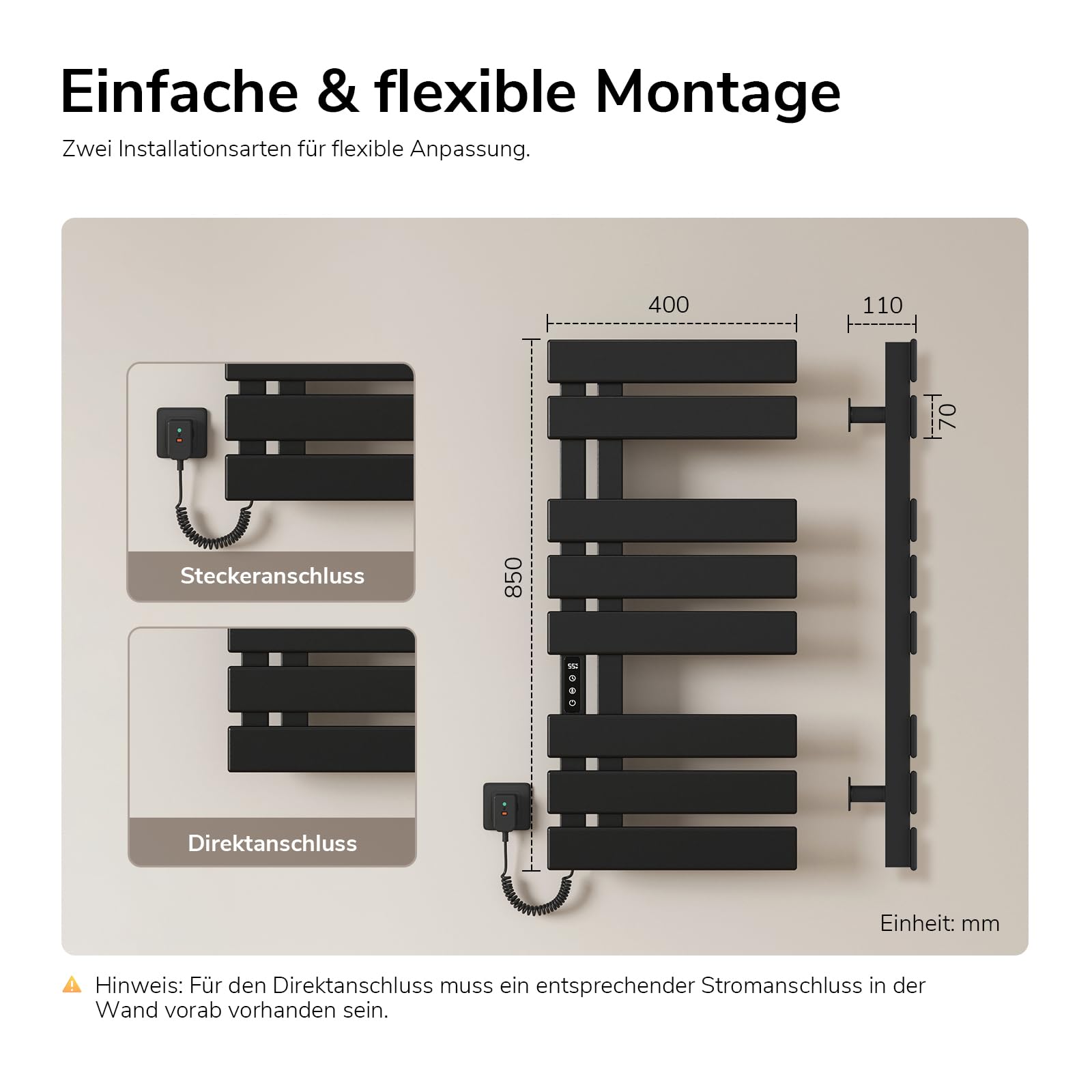 EMKE Elektrischer Badheizkörper 850x400 mm, Intelligenter Handtuchheizkörper mit WiFi-App-Steuerung, Timer & Thermostat, Handtuchwärmer zur Wandmontage, 230 Watt, IP45, Schwarz