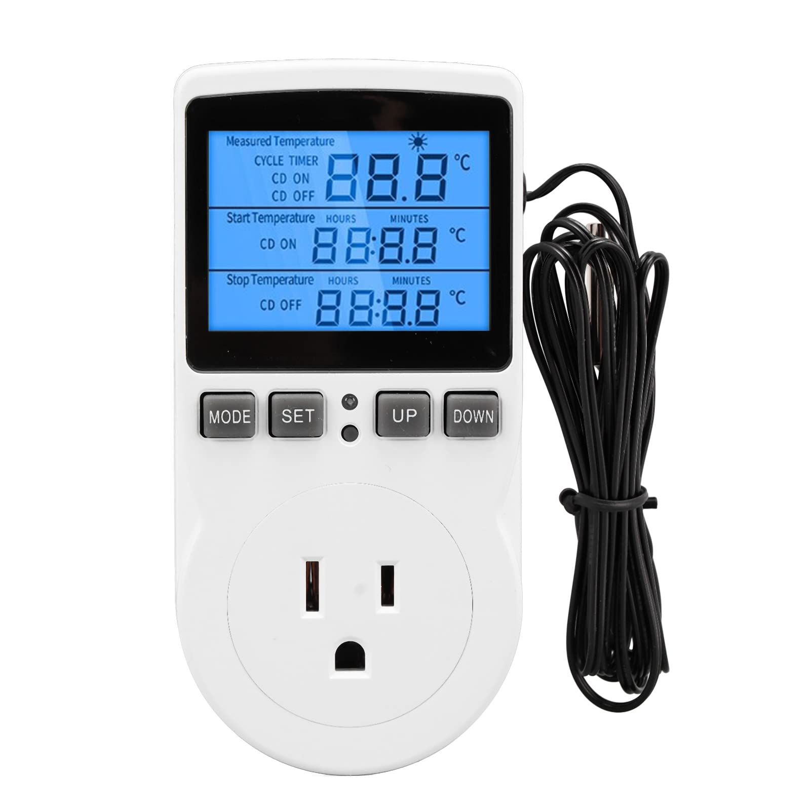 FTVOGUE Digital Thermostat Output Plug, Blue Backlit Temperature Controller, HD Display, Electronic Probe, Aquarium Power Consumption Monitor (US Plug)-image-34