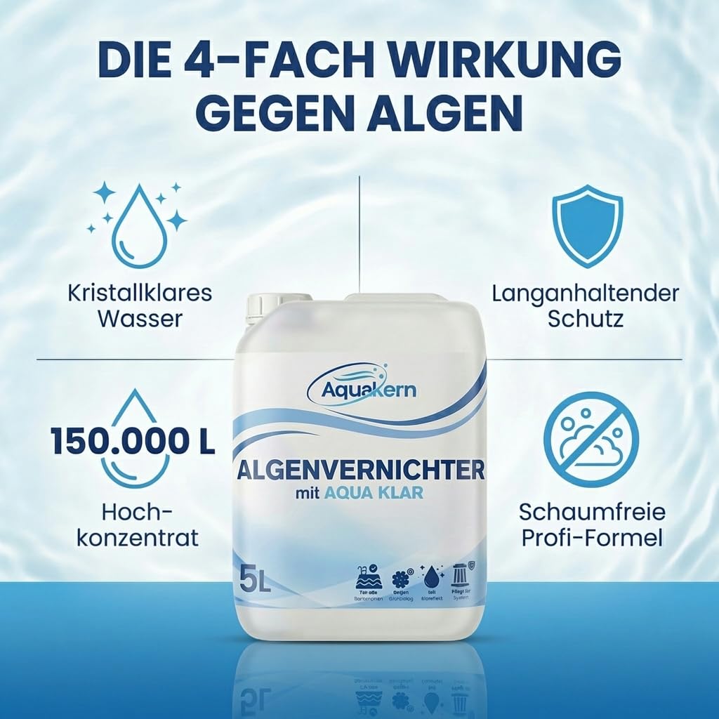 Algenvernichter 5L [mit Aqua KLAR KOMPLEX] entfernt Grünbelag | Algizid bei Grünalgen | Für mehr als 150.000 Liter | Schaumfreier Algenverhüter | Algenschutz für Pool | Made in Germany