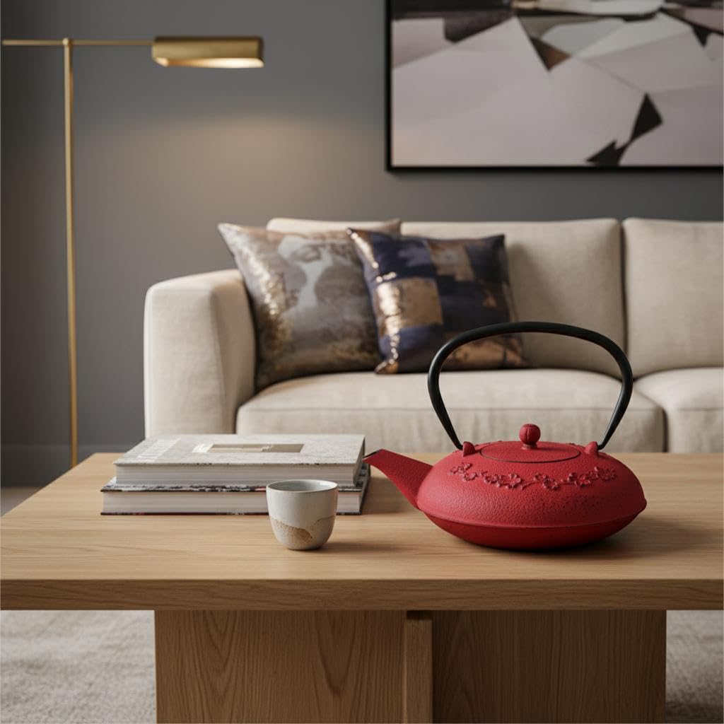 Tetera 0,8L de Hierro Colado – Diseño Floral Rojo