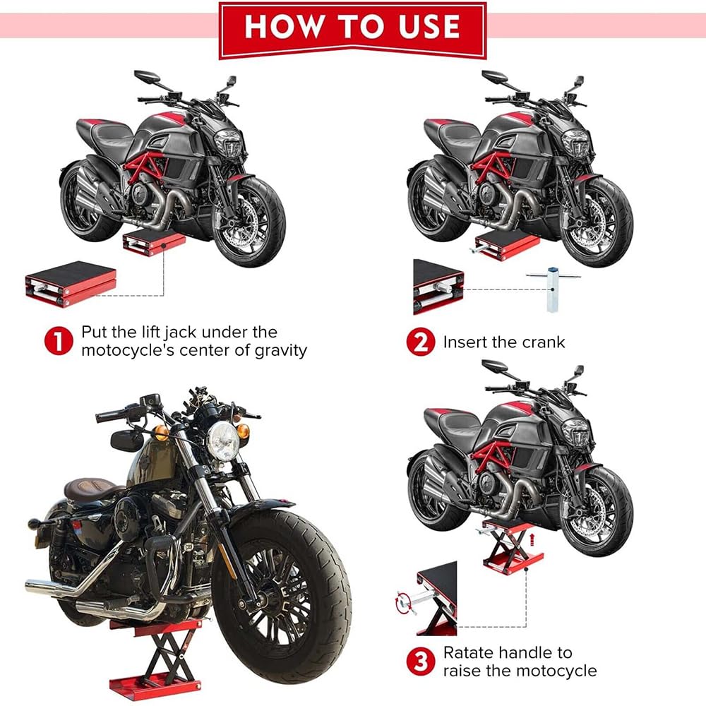 Motorrad Hebebühne Scherenheber bis 500 kg belastbar, Höhenverstellbar 76-406mm, Mit Dolly & Rollen, Hubtisch für Motorrad, ATV, Quad & Reifenwechsel