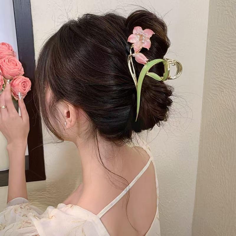 Pinza para cabello metálica floral con diseño de lirio rosa miniatura 6